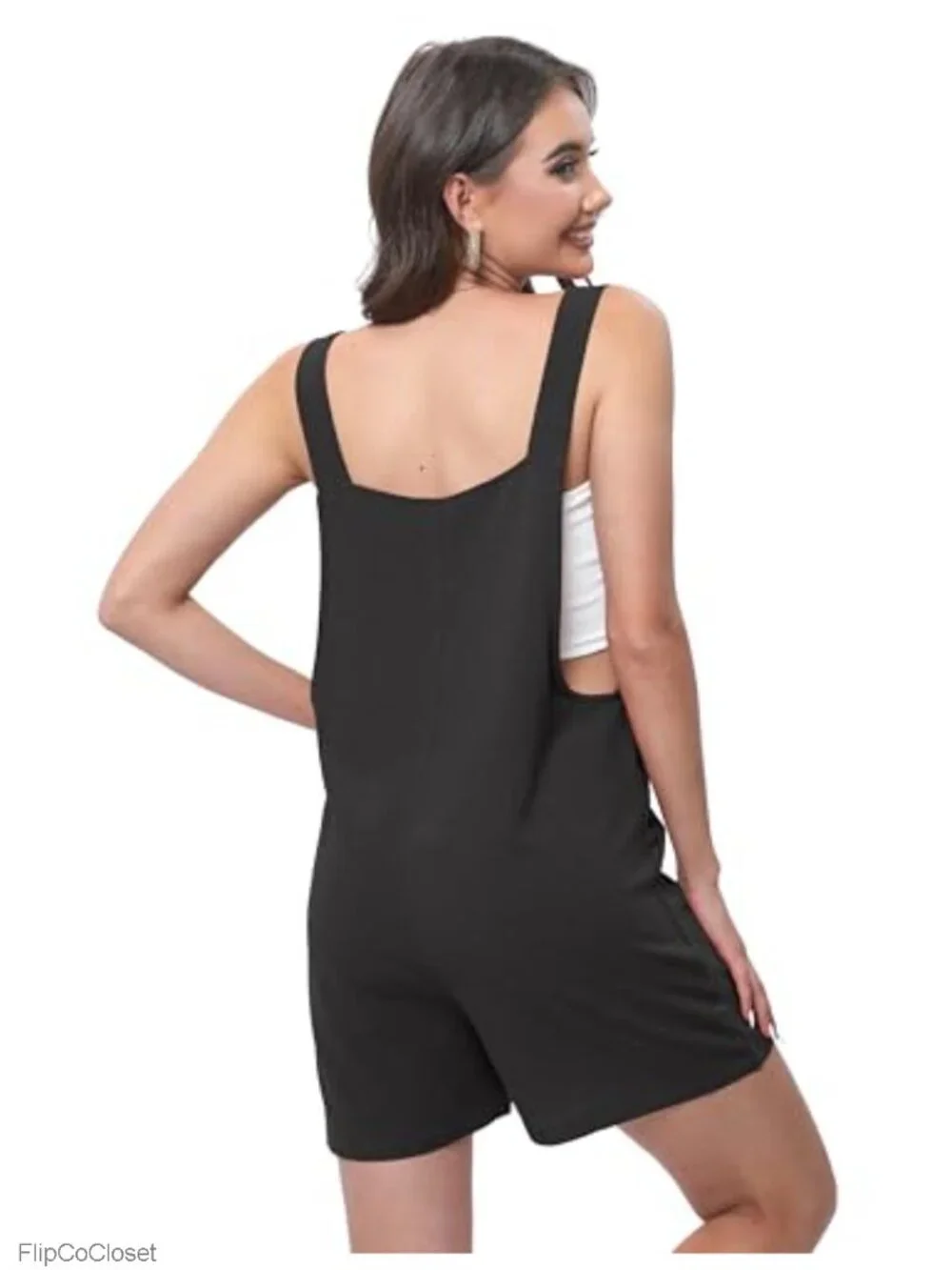 Linen Blend Wide Leg Shorts Jumpsuit Romper with Pockets Adjustable Straps